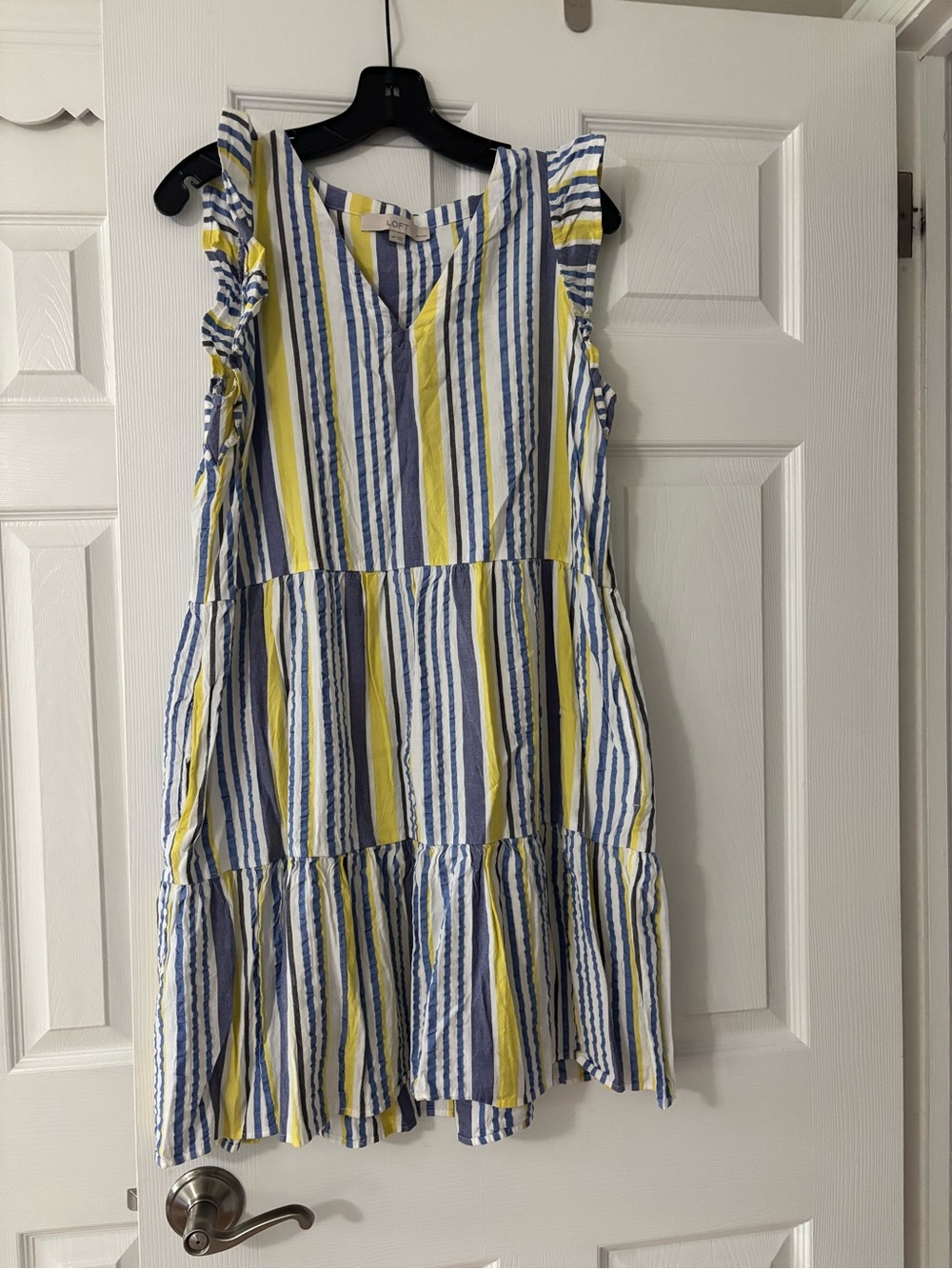LOFT Yellow & Blue Striped Ruffle Sleeve Sundress